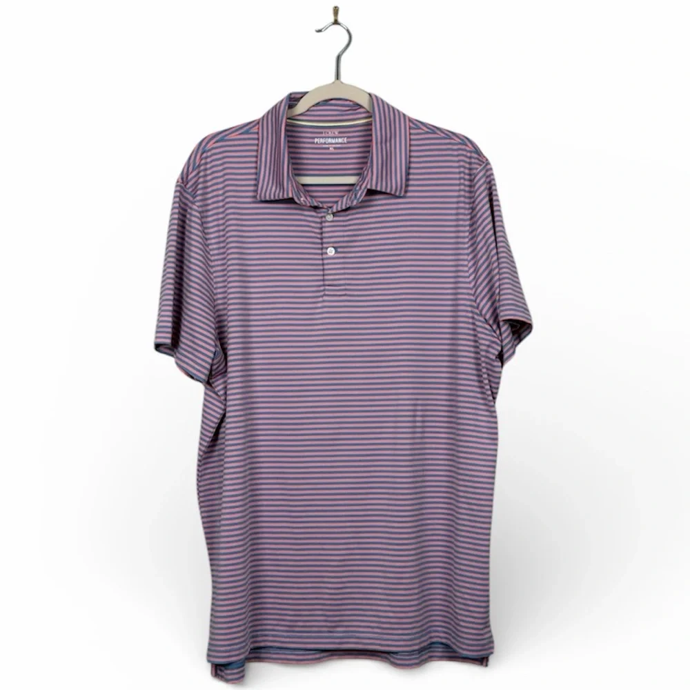 J. Crew Performance Men's Short Sleeve Polo Shirt - Blue and Pink Stripes SZ‎ XL